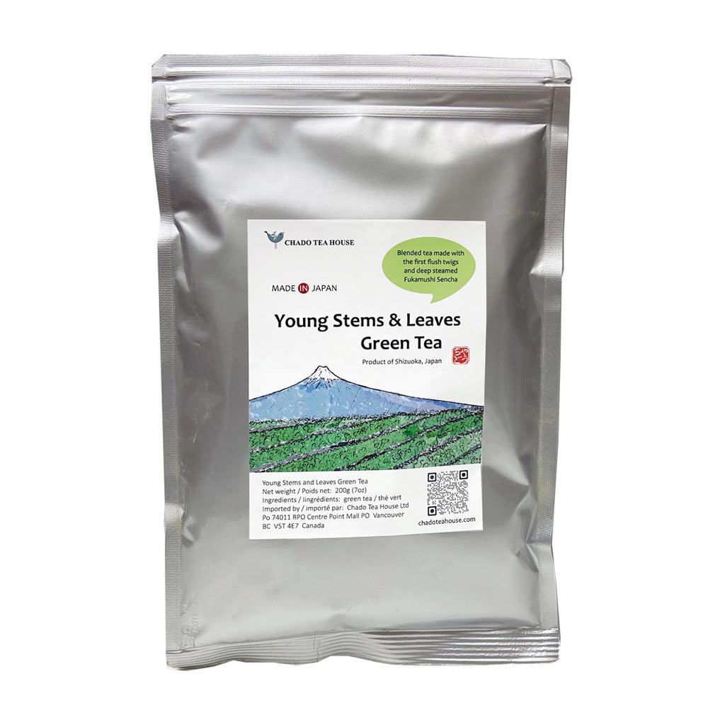 young stems and leaves green tea in a largeer than normal pack - more tea to enjoy