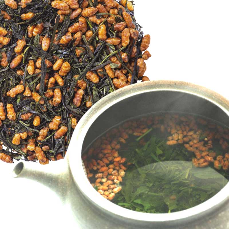 Closeup of Genmaicha Nishio in teapot showing prepared Genmaicha tea.