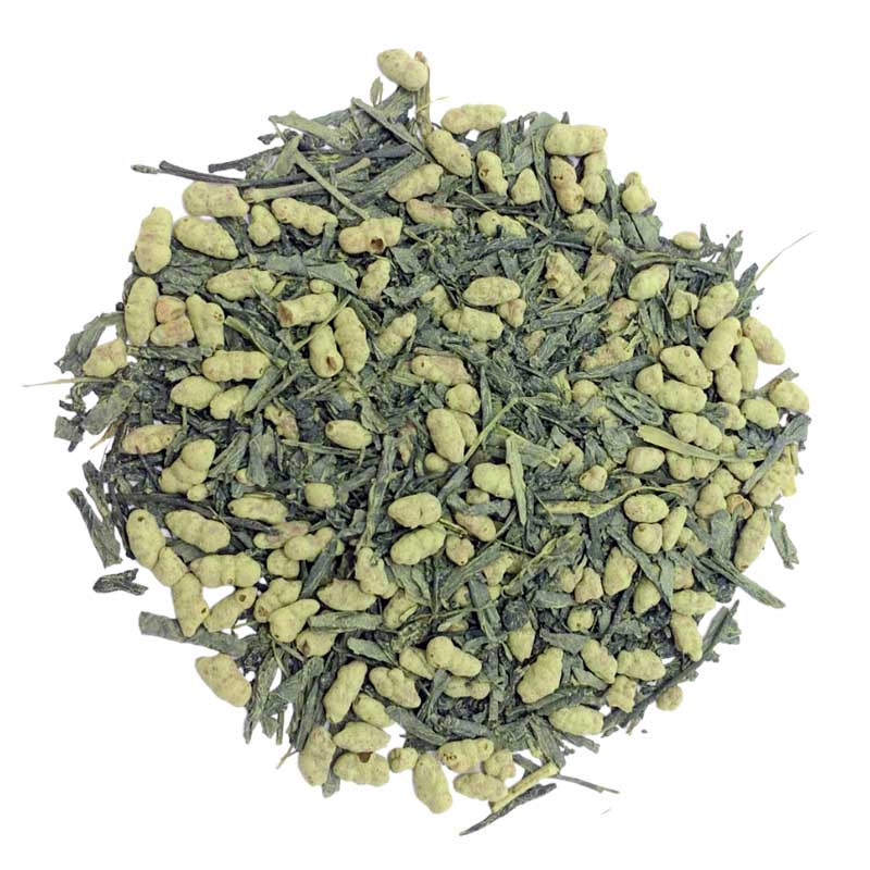 organic genmaicha with matcha. The matcha leaf is powdered to add distinct vibrant color